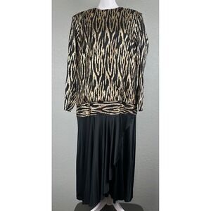 Vintage Ursula of Switzerland Evening Dress Size 18 Black Gold Drop Waist Party